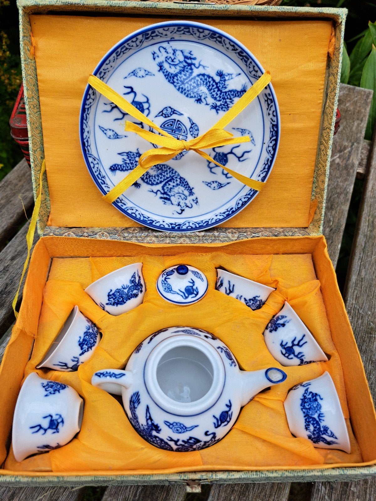 Vintage Chinees theeservies met drakenmotief in doos, Antiek en Kunst, Ophalen of Verzenden