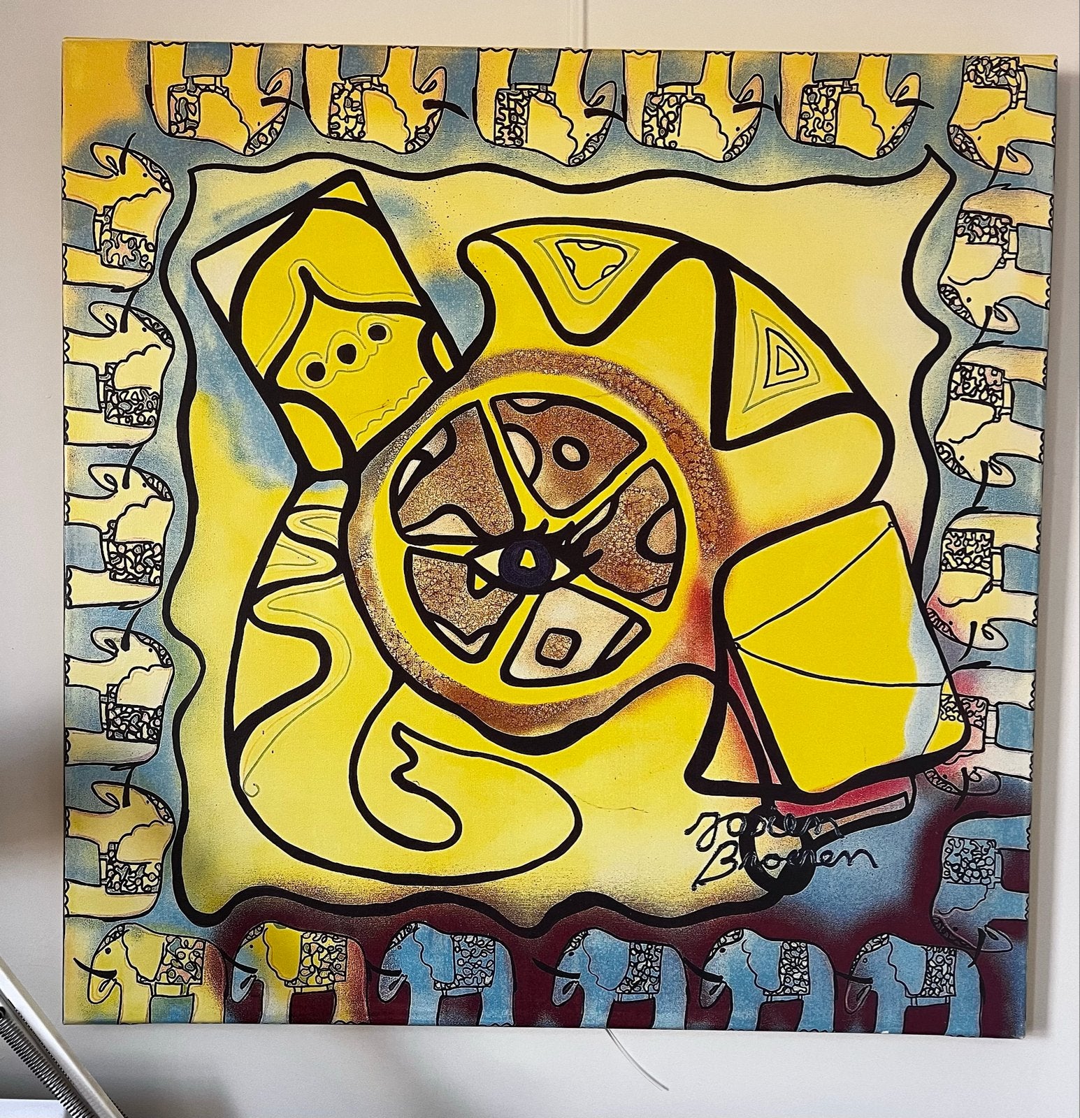Reproductie Schilderij: Olifanten en Alziend Oog (80x80cm), Ophalen