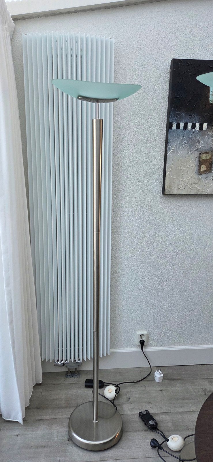 2x Dimbaar Halogeen Vloerlamp RVS met Glazen Kap (1.75m), Ophalen, Gebruikt, Glas, 150 tot 200 cm