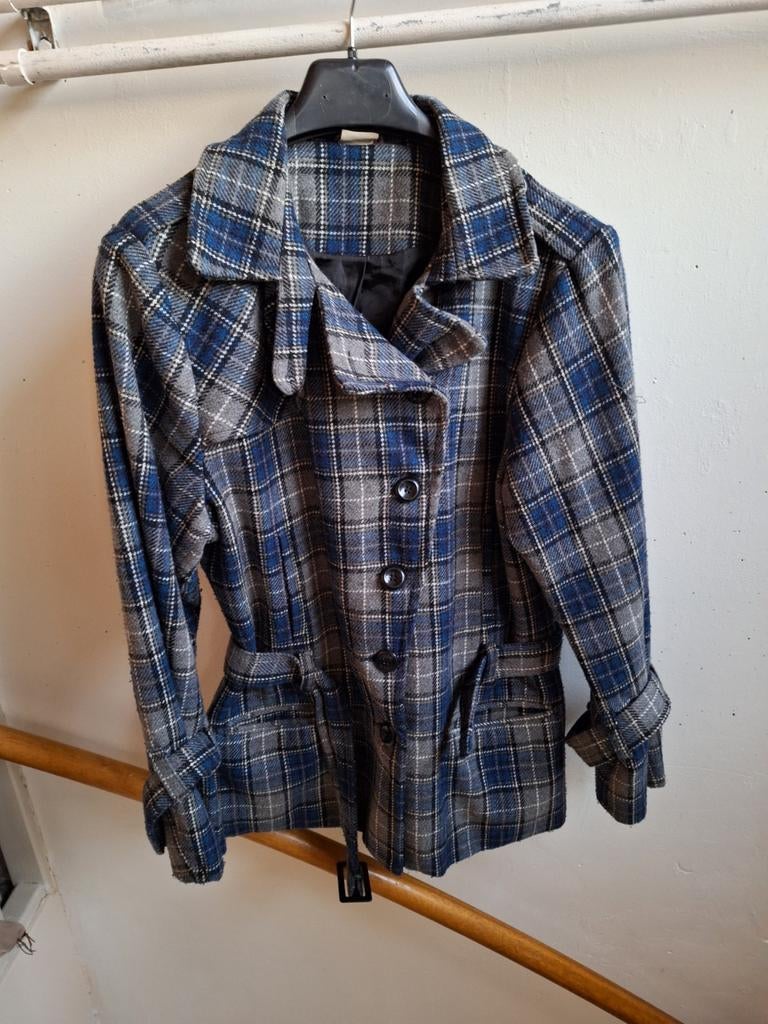 Geruite jas in blauw en grijs, Blauw, Maat 42/44 (L), Ophalen of Verzenden, Onbekend