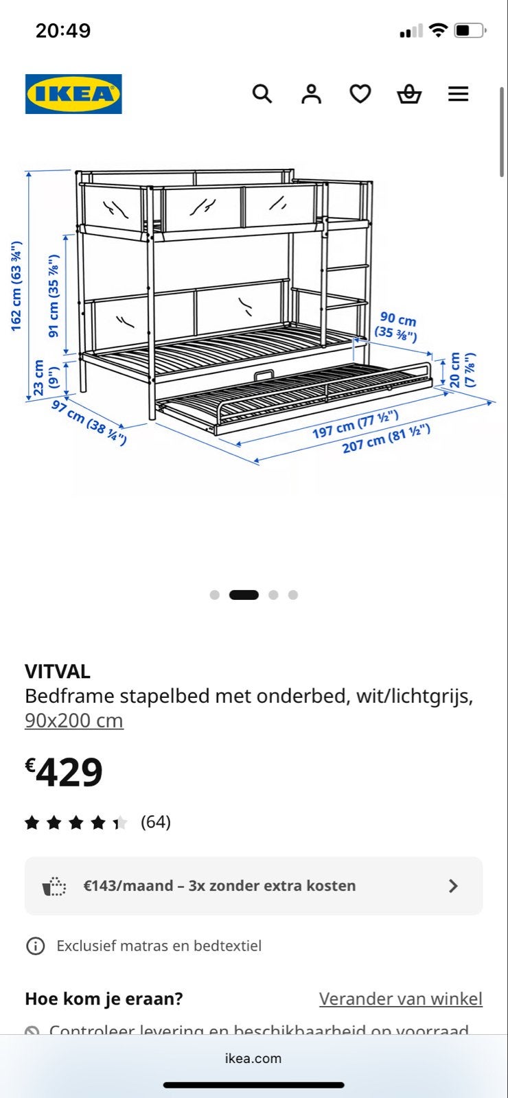 IKEA VITVAL Stapelbed met onderbed, wit/lichtgrijs, 90x200cm, Ophalen, Gebruikt, 90 cm, 160 tot 180 cm