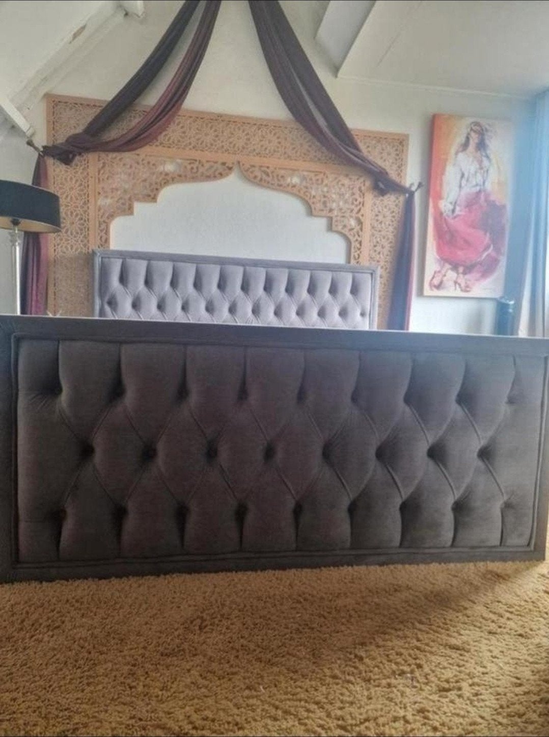 Luxe boxspring met chique hoofdbord en voeteneind., Ophalen, Tweepersoons, Zo goed als nieuw, 200 cm