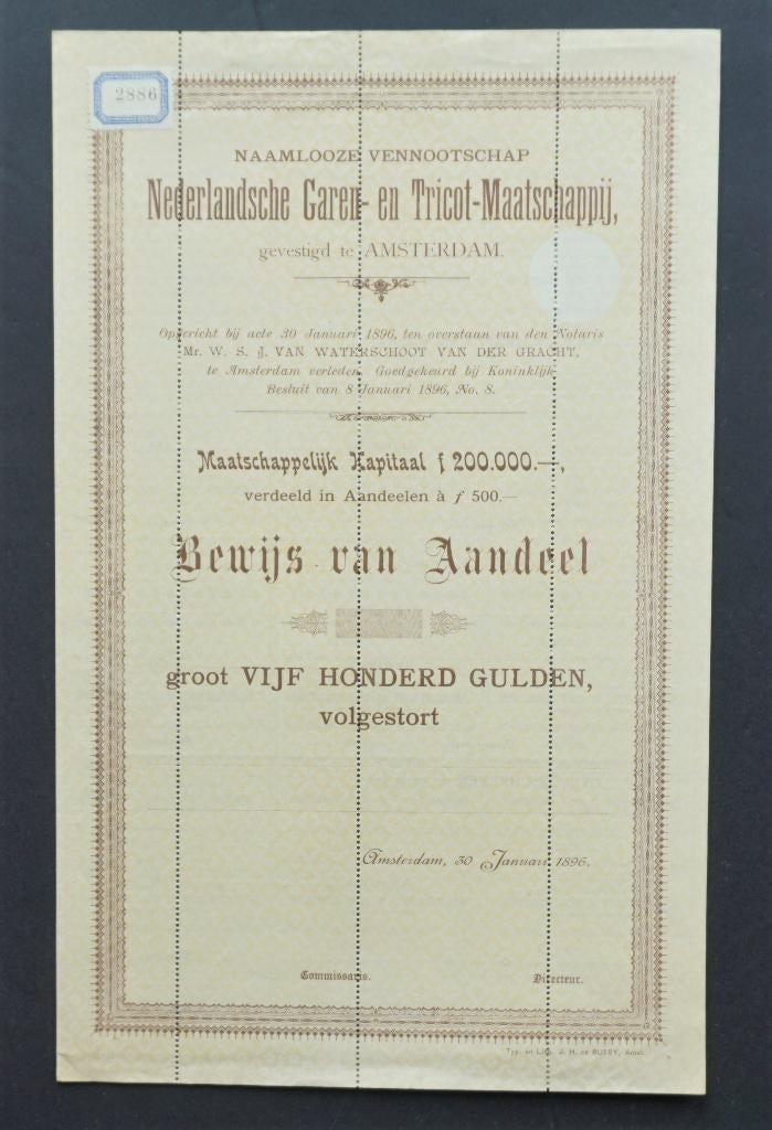 Nederlandsche Garen- en Tricot Maatschappij - Amsterdam 1896, Verzenden, Voor 1920, Aandeel