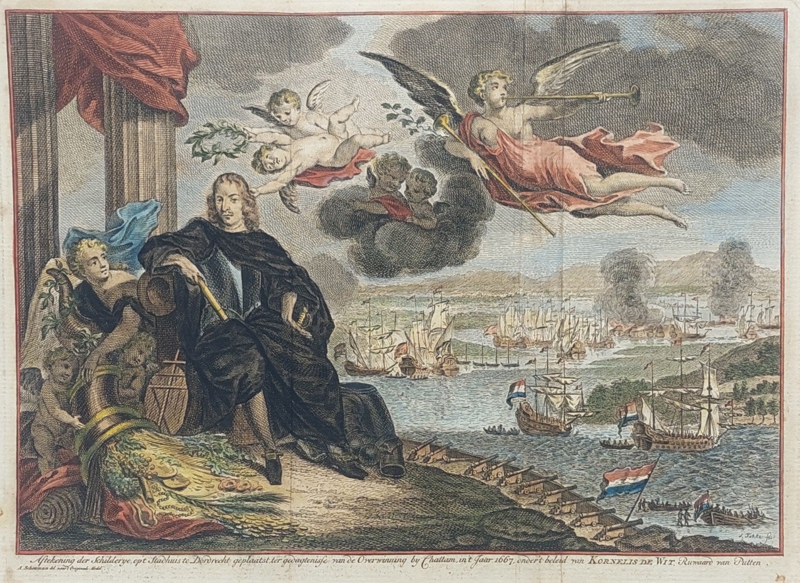 Zeeslag Chatham C. De Witt Oude Gravure S. Fokke ca 1760, Antiek en Kunst, Ophalen of Verzenden