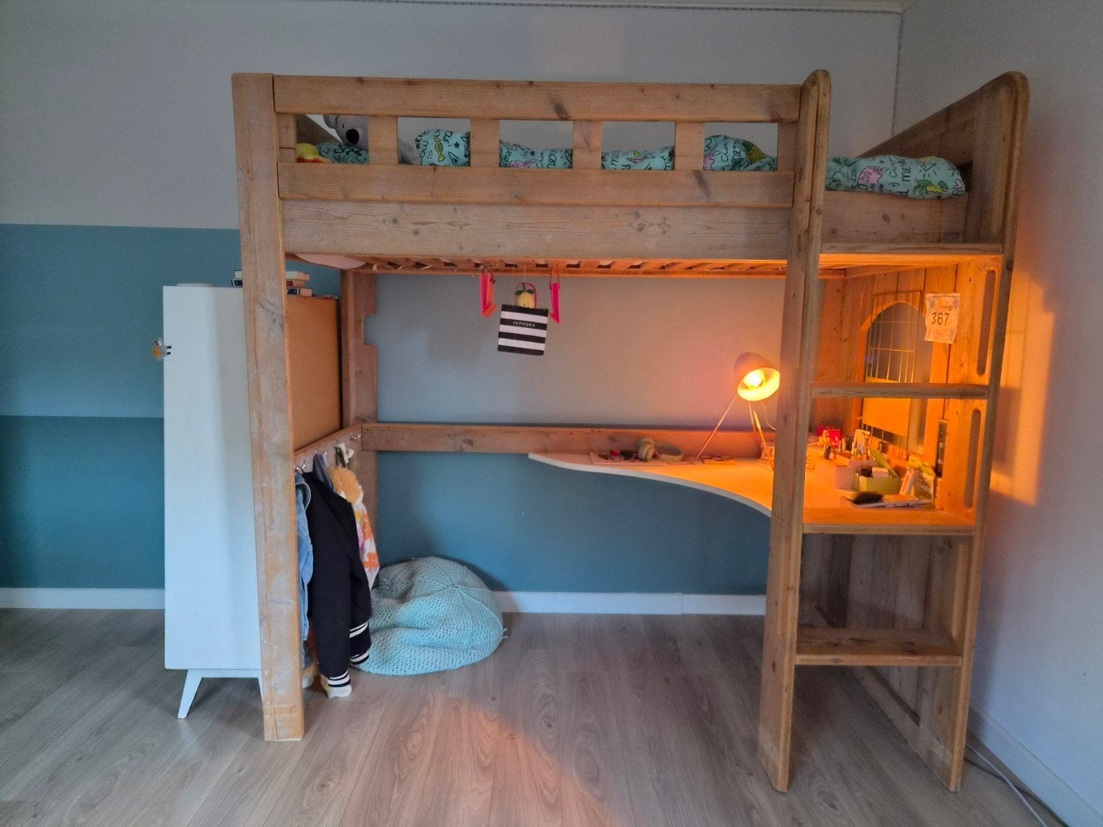 Steigerhouten Hoogslaper met Bureau, Ophalen, Gebruikt, Eenpersoons, 200 cm