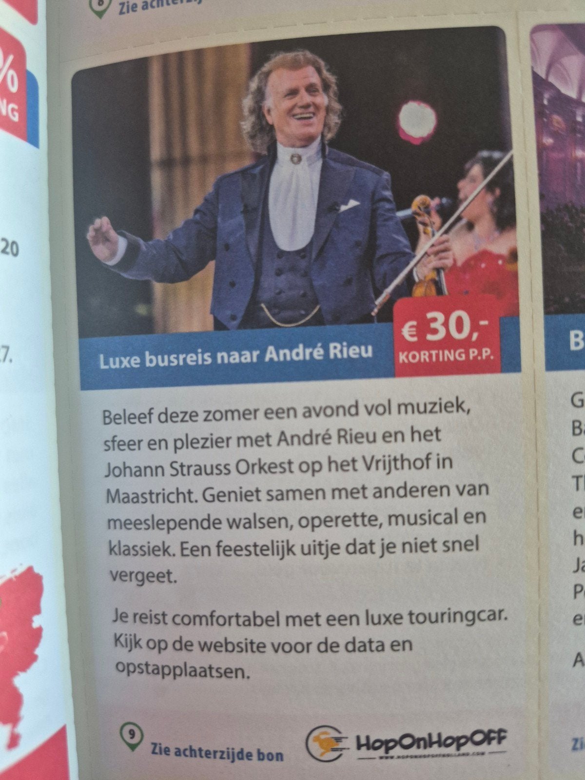 Andre rieu luxe busreis €30 euro korting., Tickets en Kaartjes, Kortingen en Cadeaubonnen, Drie personen of meer, Kortingsbon