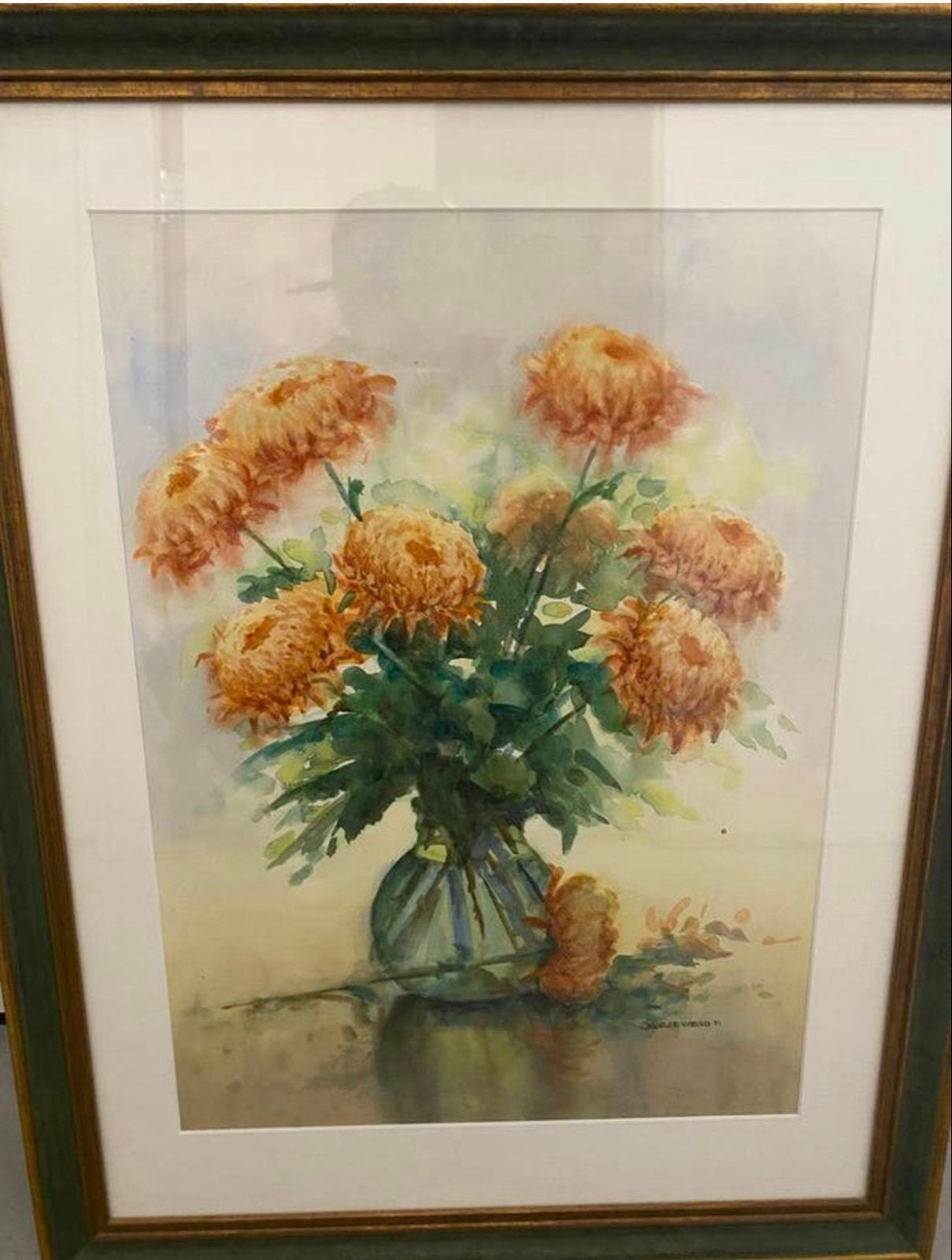Aquarel van chrysanten in vaas - gesigneerd, Ophalen of Verzenden