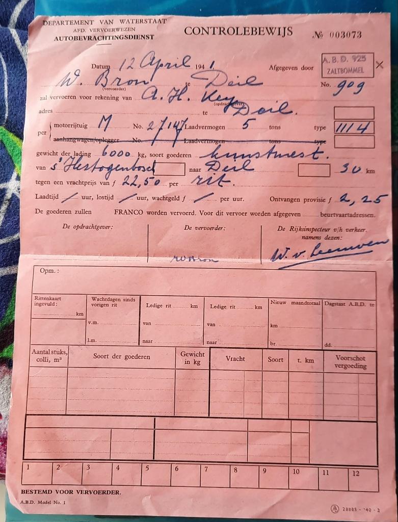 controlebewijs autobevrachtingsdienst uit 1941, Verzamelen, Ophalen of Verzenden, Overige soorten, Nederland, Overige typen