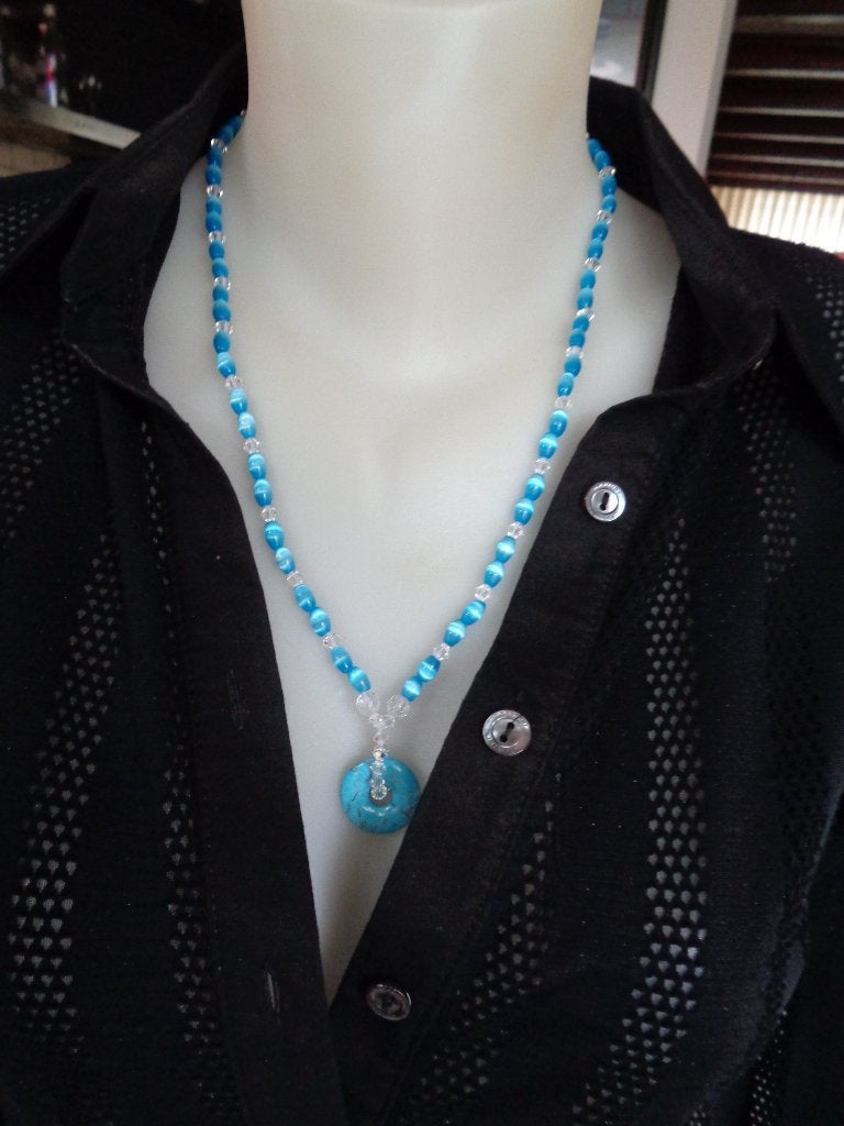 ketting zilver veerslot, kristal, blauwe cateye kralen [181], Nieuw, Met hanger, Steen of Mineraal, Verzenden