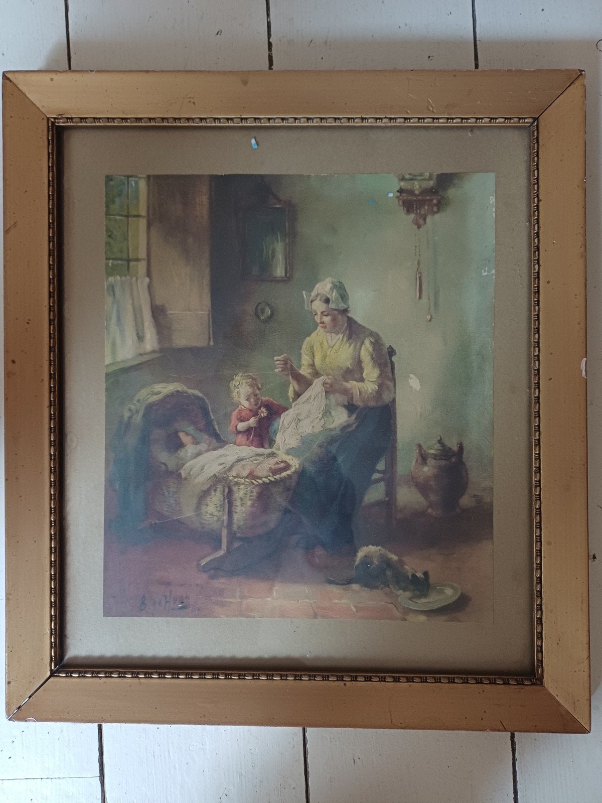 Klassiek schilderij: Moeder en kinderen in interieur, Ophalen of Verzenden