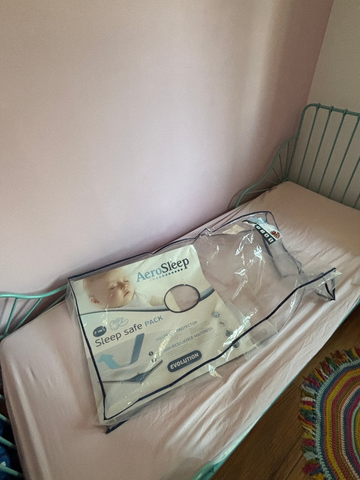 Ikea peuterbed Minnen meegroeibed blauw met Aerosleep matras, Ophalen, 70 tot 85 cm, Zo goed als nieuw, Matras