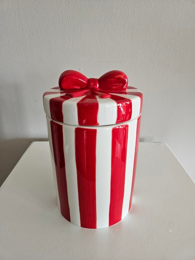 Hema voorraadpot / koekjespot rood-wit met strik – 15 cm, Overige typen, Ophalen of Verzenden, Zo goed als nieuw, Overige stijlen