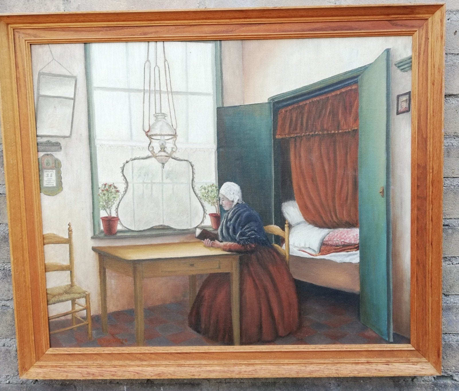 B. Jonkers, Interieur boerderij met bedstee. 67/57 cm., Antiek en Kunst, Ophalen, Overig onderwerp, Handgeschilderd, Olieverf