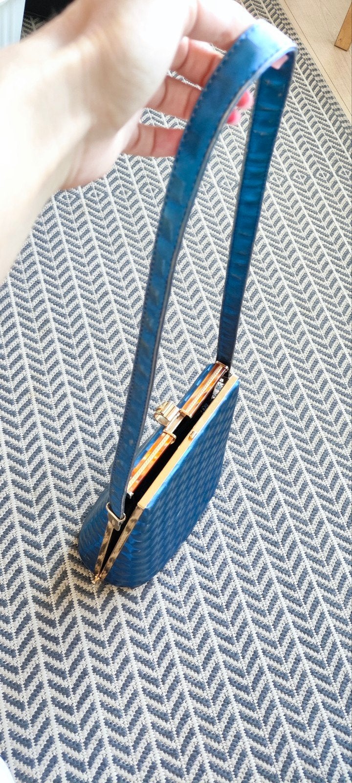 Vintage Blauw met Goud Schoudertasje met Apart Binnenvakje, Ophalen of Verzenden, Gebruikt, Blauw, Schoudertasje