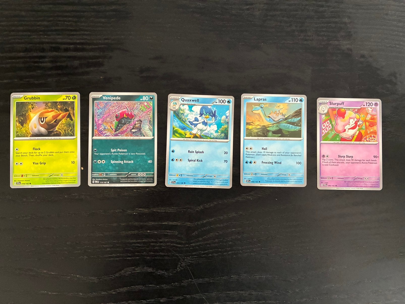Pokémon: Slurpuff, Lapras, Quaxwell, Venipede, Grubbin, Ophalen of Verzenden, Zo goed als nieuw, Meerdere kaarten
