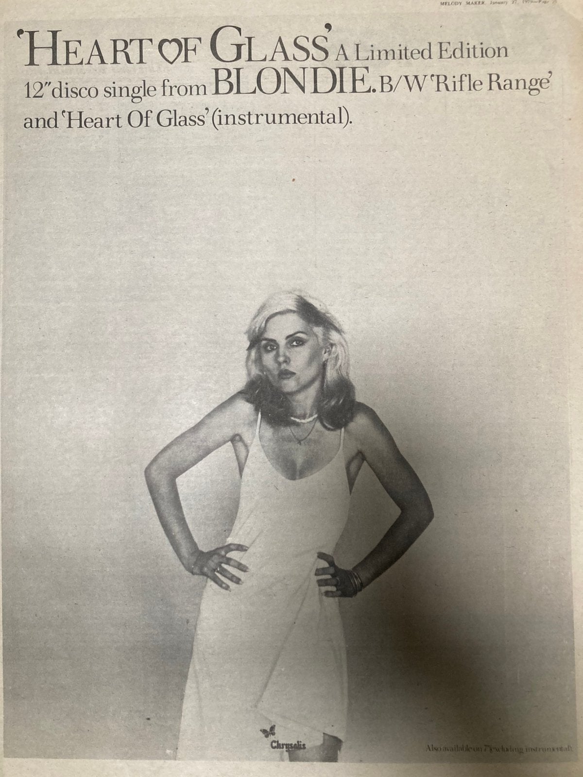 BLONDIE Heart Of Glass release A3 advertentie, Verzamelen, Ophalen of Verzenden, Zo goed als nieuw, A1 t/m A3