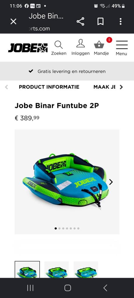 Jobe Binar Funtube 2P zgan (funband), Watersport en Boten, Ophalen, Zo goed als nieuw, Funband of Funtube