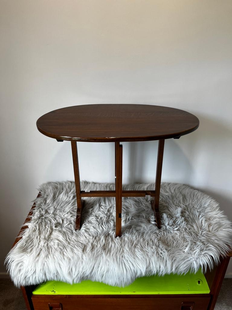 Ovaal vintage inklaptafeltje, 61x43x47,5cm. Teak antiek, Minder dan 55 cm, Gebruikt, Vintage art deco mid century 60s 70s retro boho bohemian