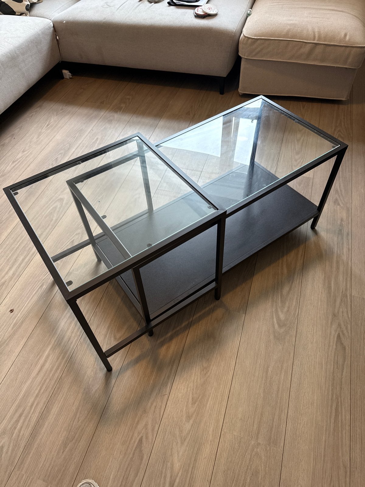 IKEA salontafelset met glazen blad en metalen frame, Ophalen, Gebruikt, 100 tot 150 cm, 50 tot 100 cm