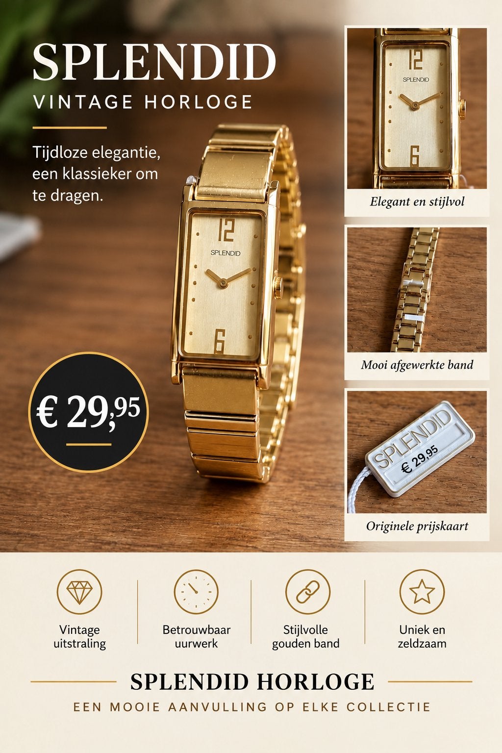 Nieuw Splendid Dames Horloge - 2009 3ATM Double Goud, Overige merken, Polshorloge, Nieuw, Ophalen of Verzenden