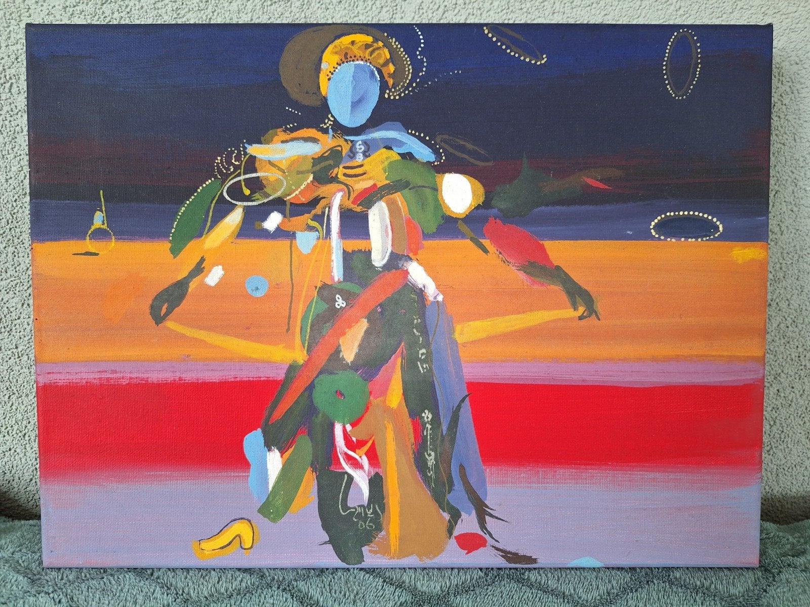 Rob Arbouw, Abstract schilderij: Kleurrijke figuur op doek, Antiek en Kunst, Ophalen of Verzenden
