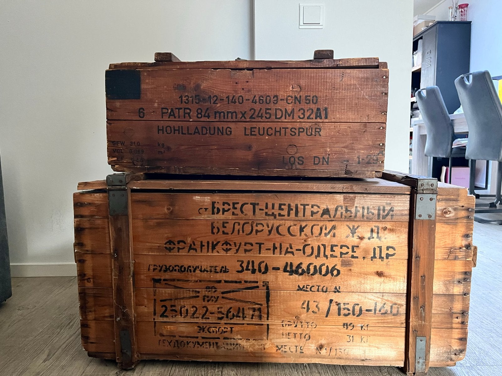 Set van 2 Vintage Houten Munitiekisten / Opbergkisten, 50 – 75, Gebruikt, 100 tot 150 cm, Ophalen of Verzenden