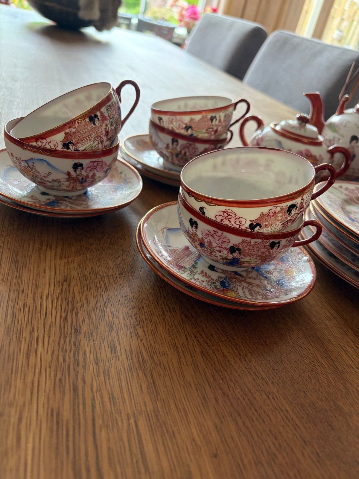 Vintage Japans theeservies met handgeschilderde decoratie, Antiek en Kunst, Antiek | Servies compleet, Ophalen