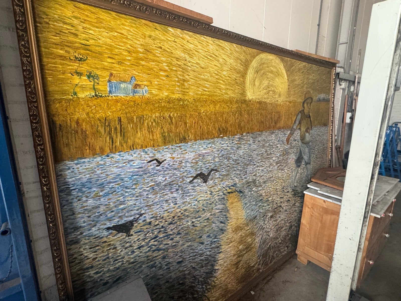Groot schilderij 'De Zaaier' naar Vincent van Gogh, Doek, Expressionistisch, Ophalen of Verzenden, Olieverf