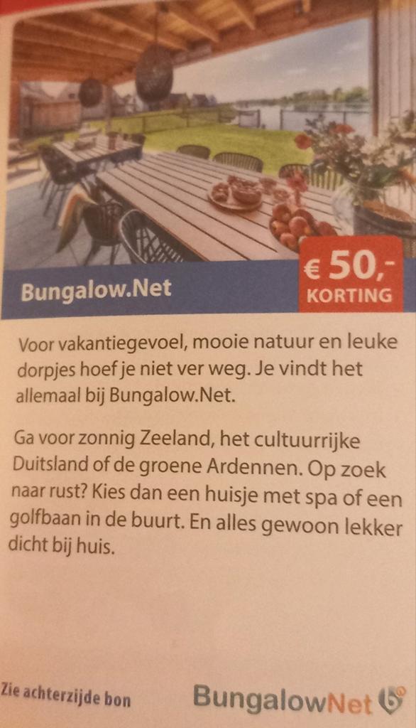 Bungalow. Net €50 korting max 5 personen, Tickets en Kaartjes, Drie personen of meer, Kortingsbon
