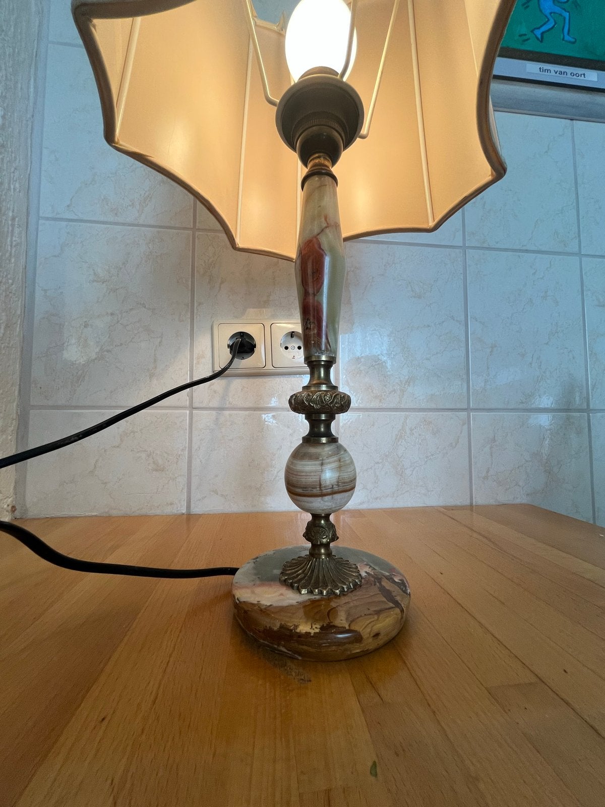 Vintage Hollywood Regency Tafellamp - Onyx & Messing, Verzenden