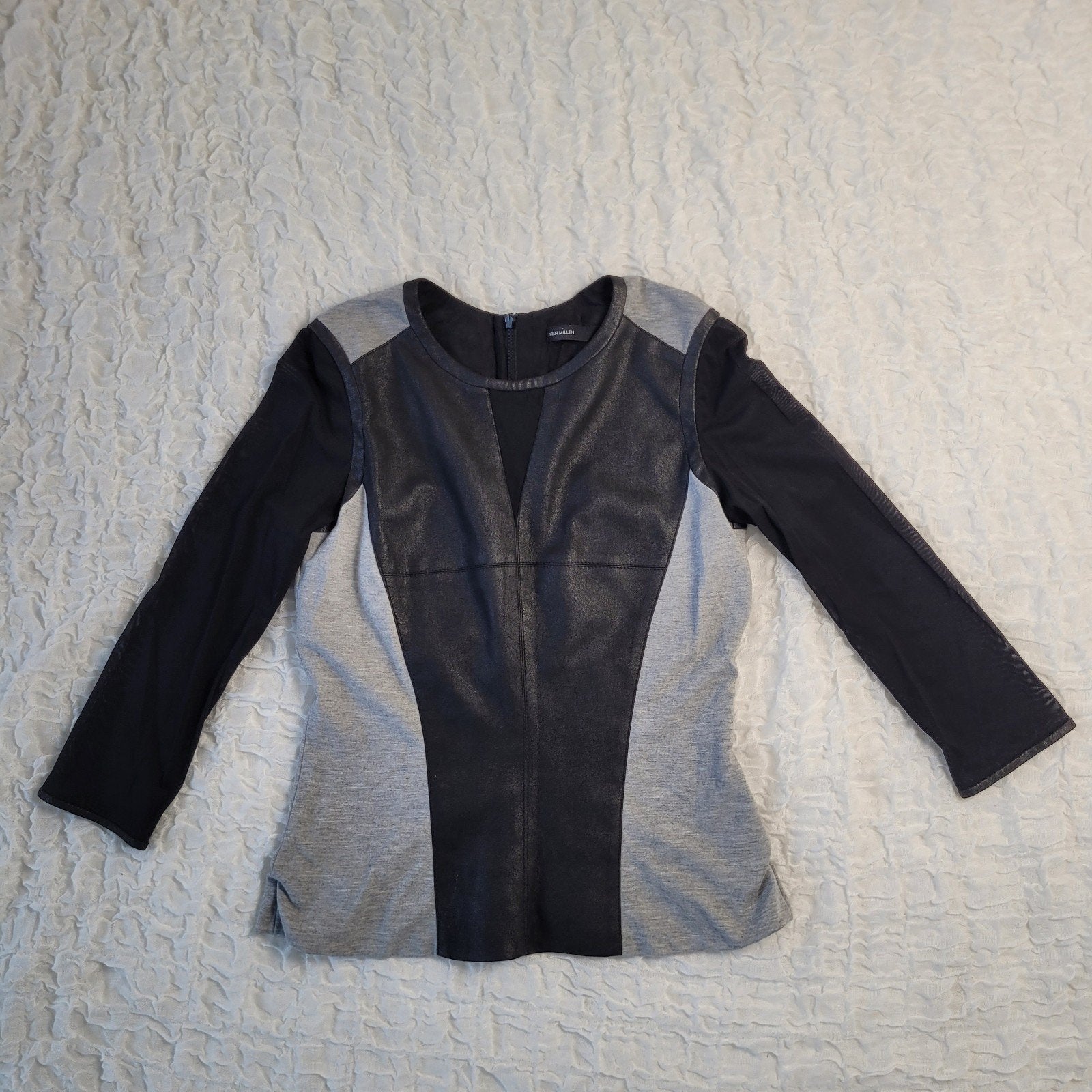 Karen Millen top blouse 40 mesh mouwen grijs zwart, Maat 38/40 (M), Karen Millen, Zwart, Ophalen of Verzenden