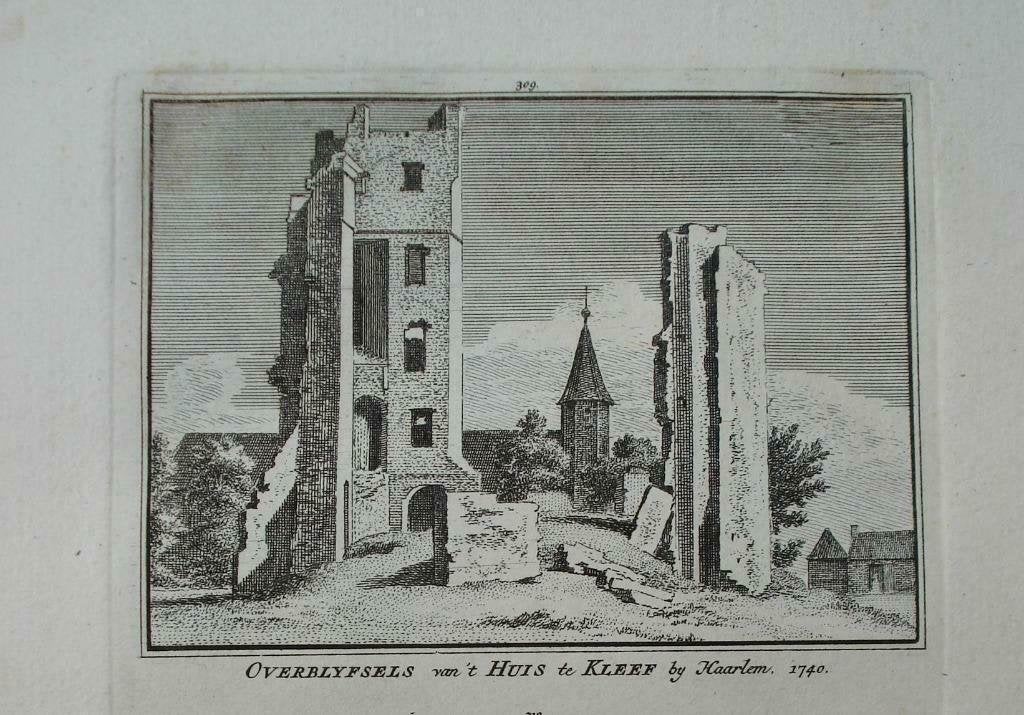 309-310 Haarlem Overblijfsel Huis te Kleef Kopergravure 1750, Antiek en Kunst, Ophalen of Verzenden