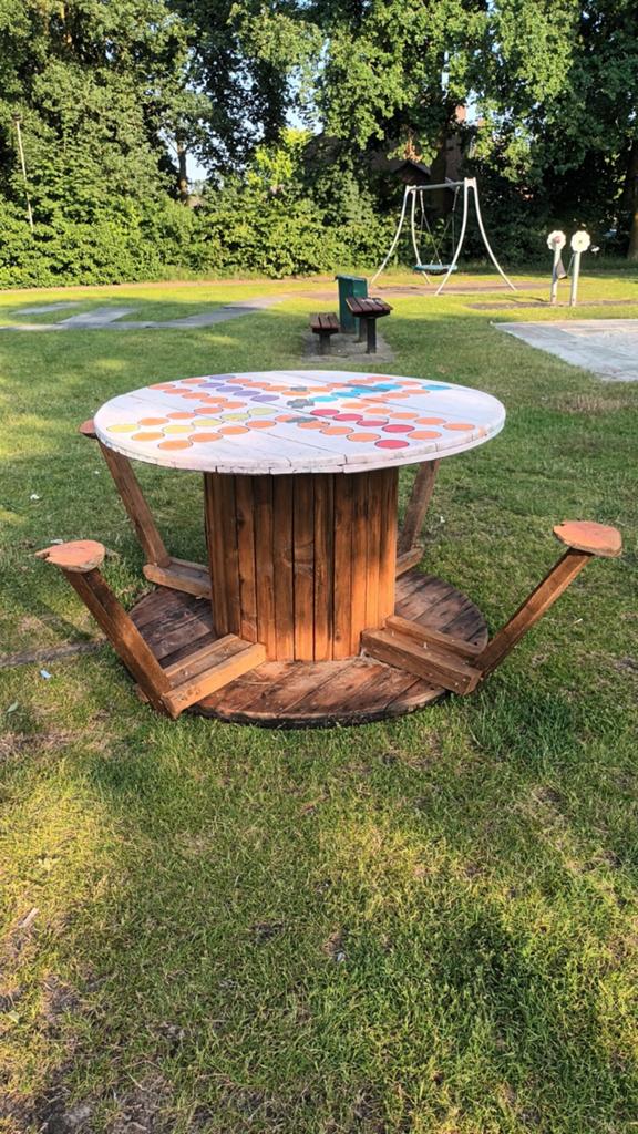 tafel van kabelhaspel met spelbord, Ophalen, Gebruikt, Rond, Hout