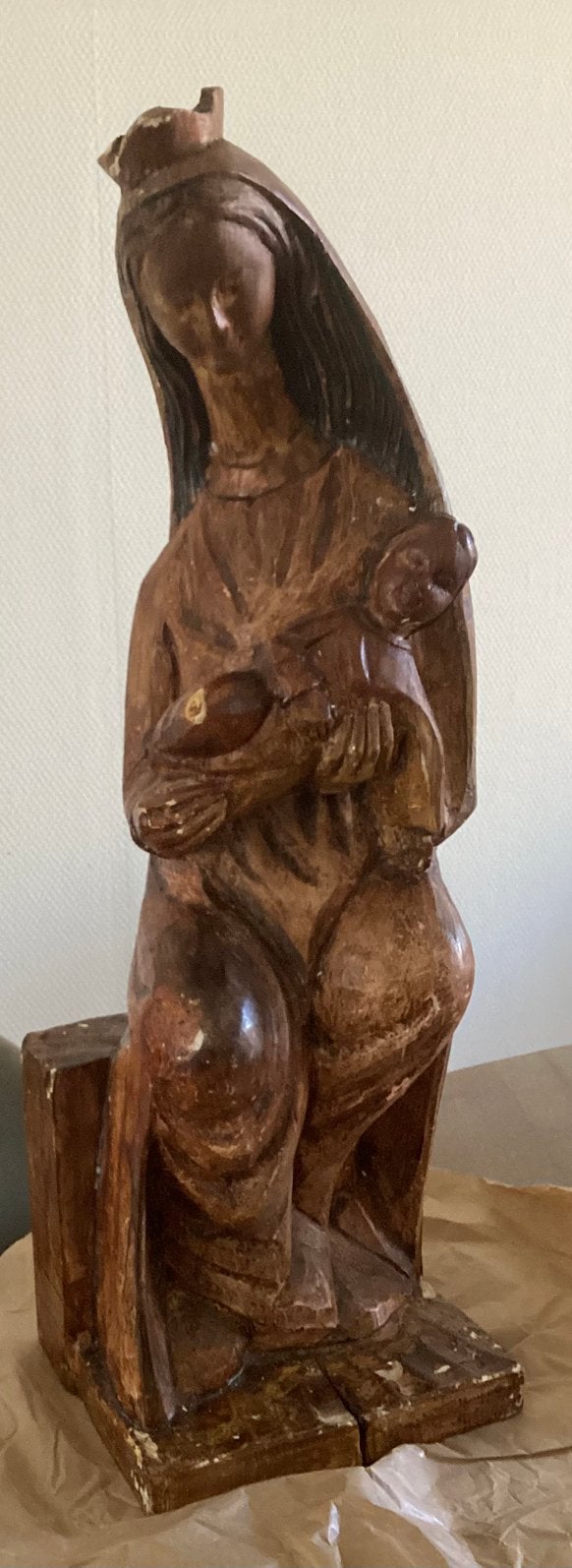 MARIA met haar ZOON ,ANTIEK HOUTEN BEELD van 62 cm hoog MOOI, Ophalen of Verzenden