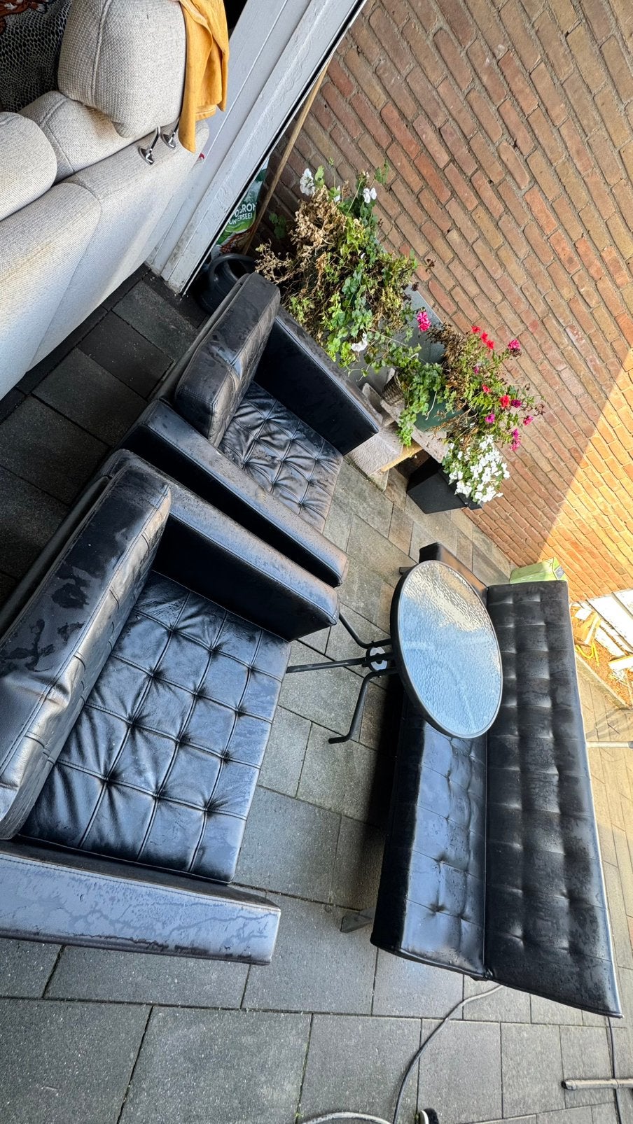 Mooie tuinset, Leer+tafel, Tuin en Terras, Ophalen of Verzenden, Zo goed als nieuw, 5 zitplaatsen, Overige materialen