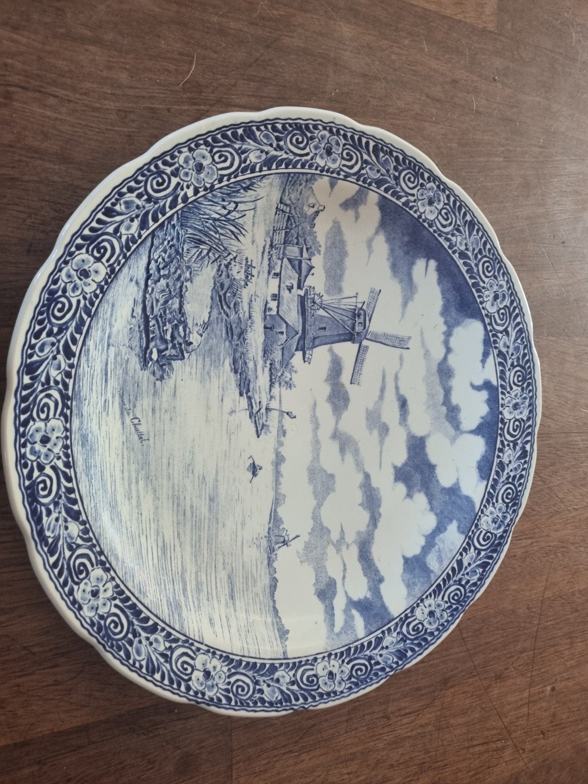 Vintage Delfts Blauw bord met molenlandschap, Antiek en Kunst, Ophalen of Verzenden