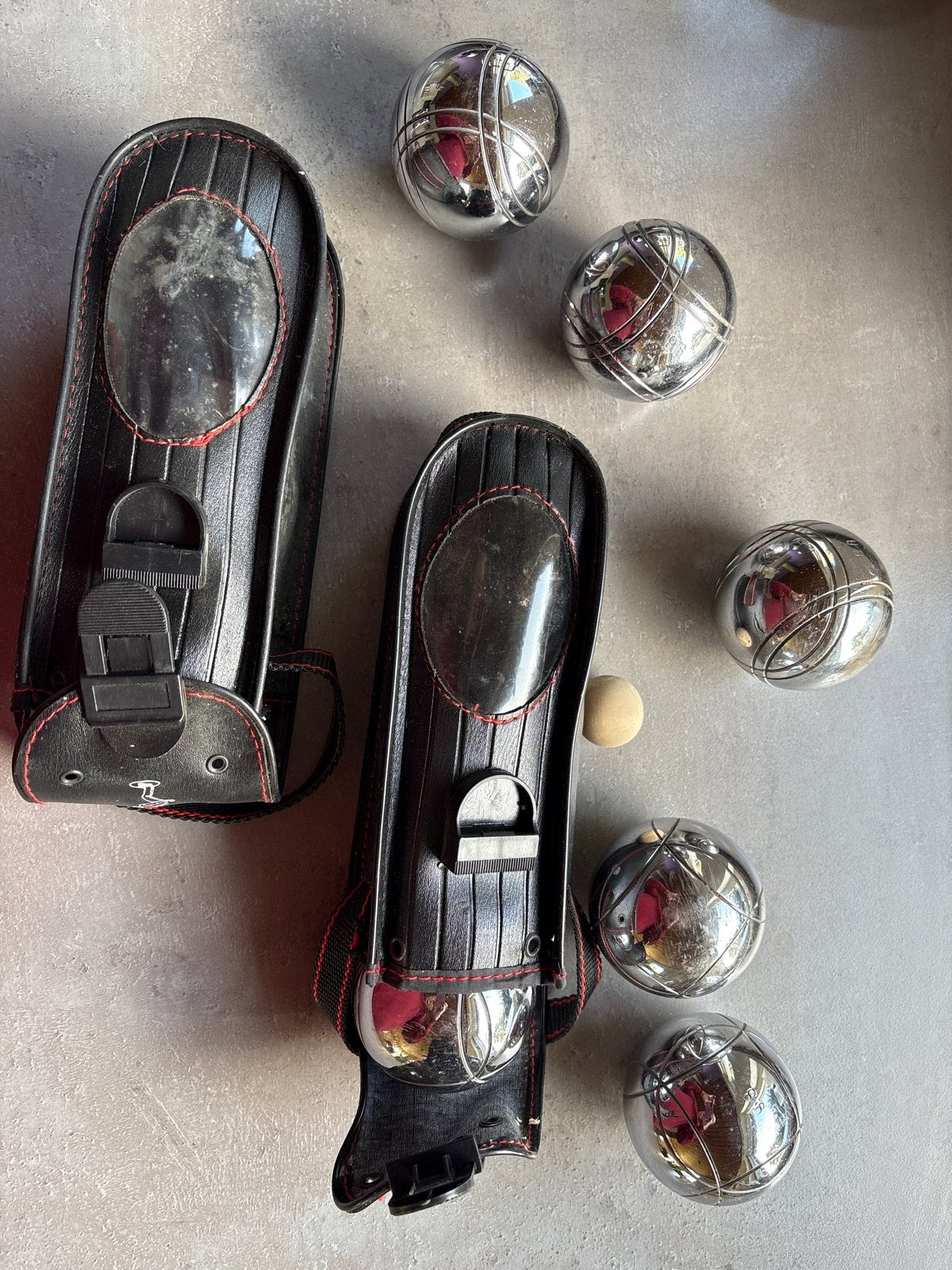 Jeu de boules set 2x3 ballen in 2 foudralen, Ophalen of Verzenden, Gebruikt