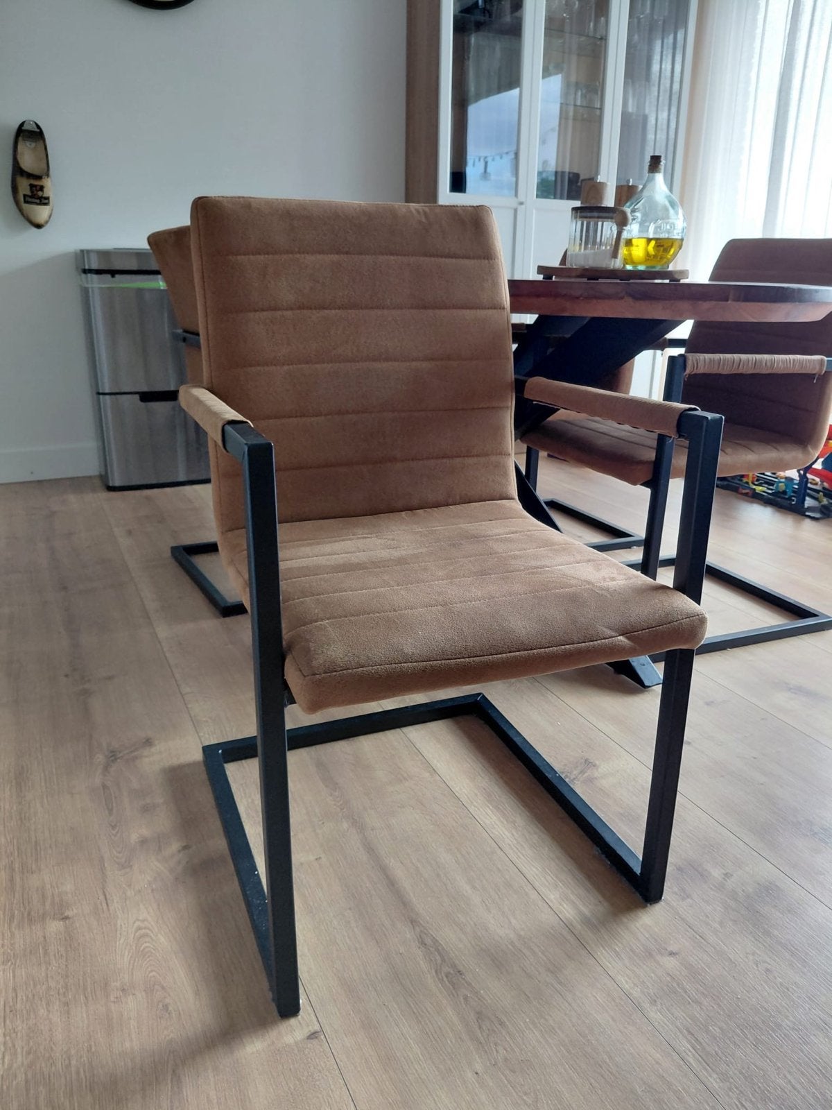 6 Cognac Leatherlook Eetkamerstoelen met Armleuning, Huis en Inrichting, Stoelen, Ophalen, Gebruikt, Bruin, Leer