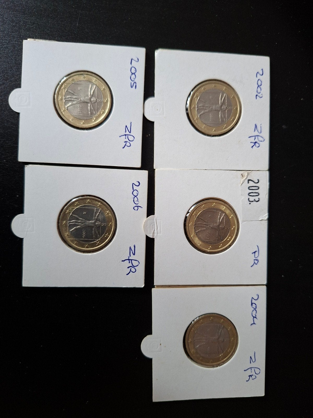 Set van 5x 1 Euro Italië (2002 t/m 2006) in munthouders, Postzegels en Munten, Ophalen of Verzenden, Italië, 1 euro, Setje