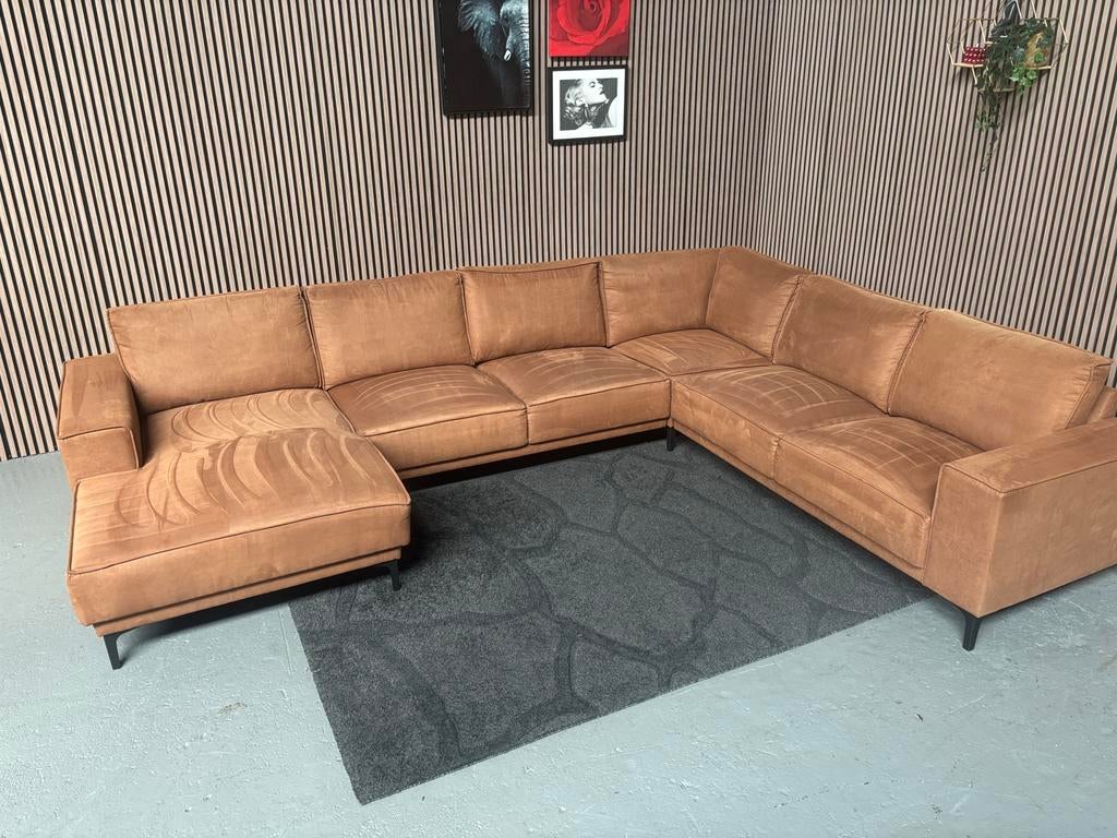 GRATIS LEVERING U-Bank Cognac 340x260x150 GEREINIGD, Hoekbank, 300 cm of meer, Ophalen of Verzenden, Zo goed als nieuw