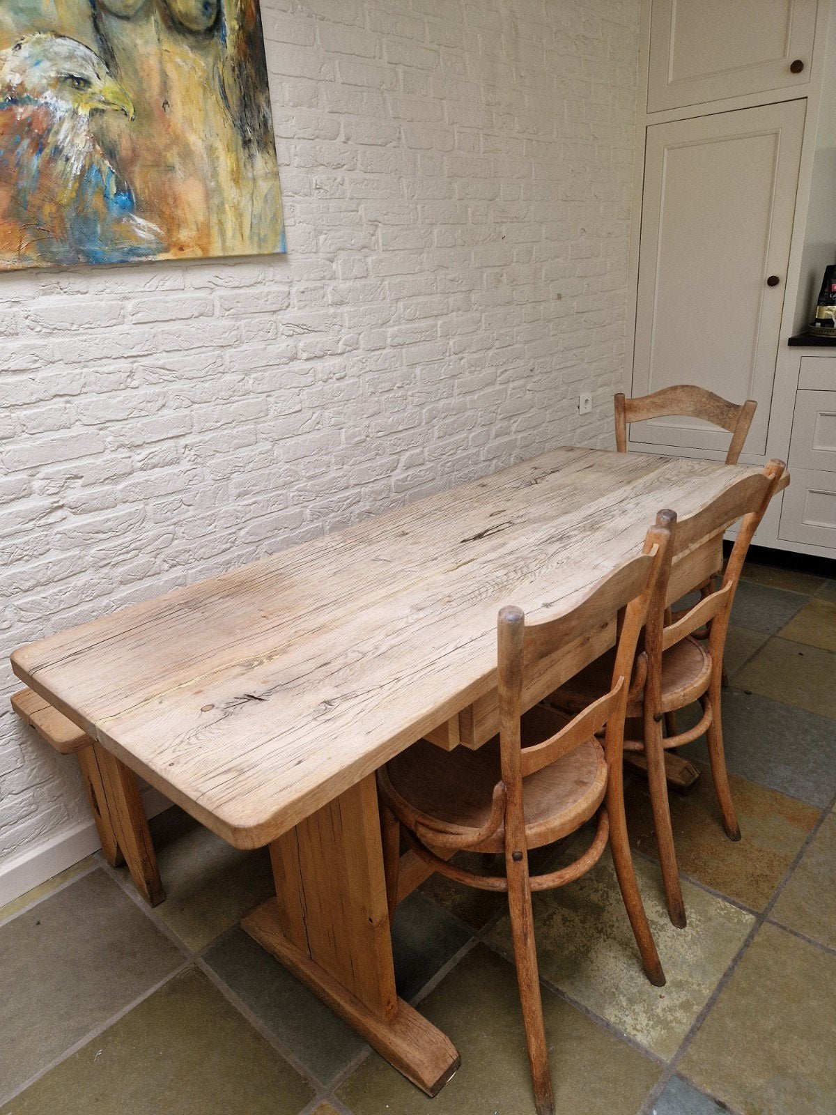 Rustiek eiken eethoek; kloostertafel, bank + 3 Thonetstoelen, Huis en Inrichting, Tafels | Eettafels, Ophalen, Gebruikt, Rechthoekig