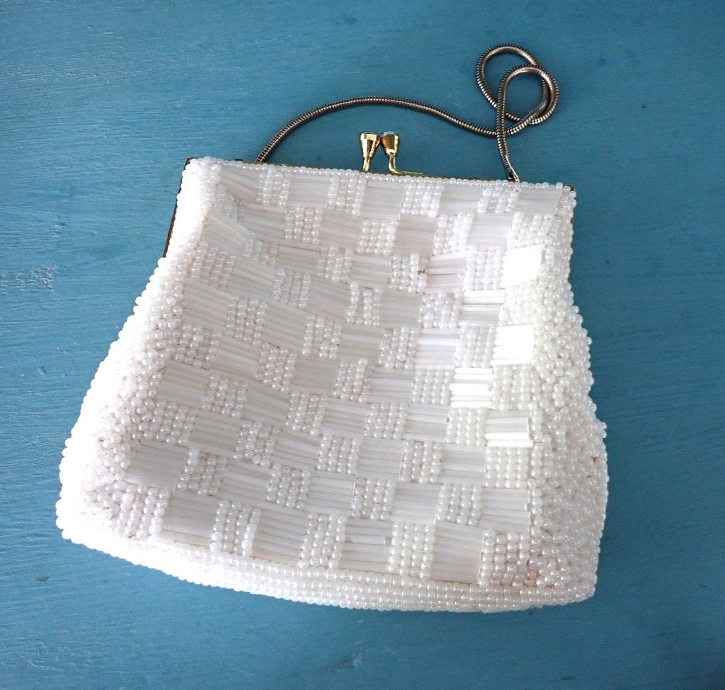 Vintage Witte Kralen Avondtasje met Ketting, Verzenden