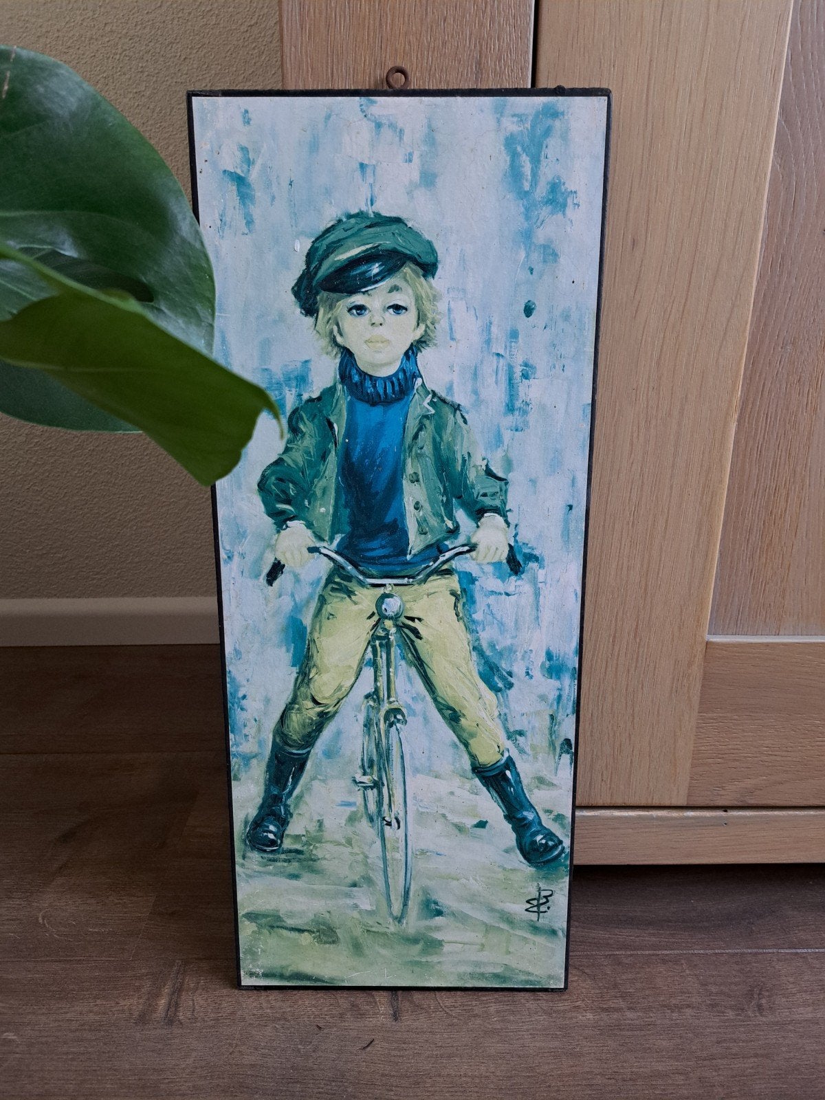 Vintage schilderijtje print hardboard fietser 20 bij 49.5 cm, Ophalen of Verzenden, Minder dan 50 cm, Schilderij