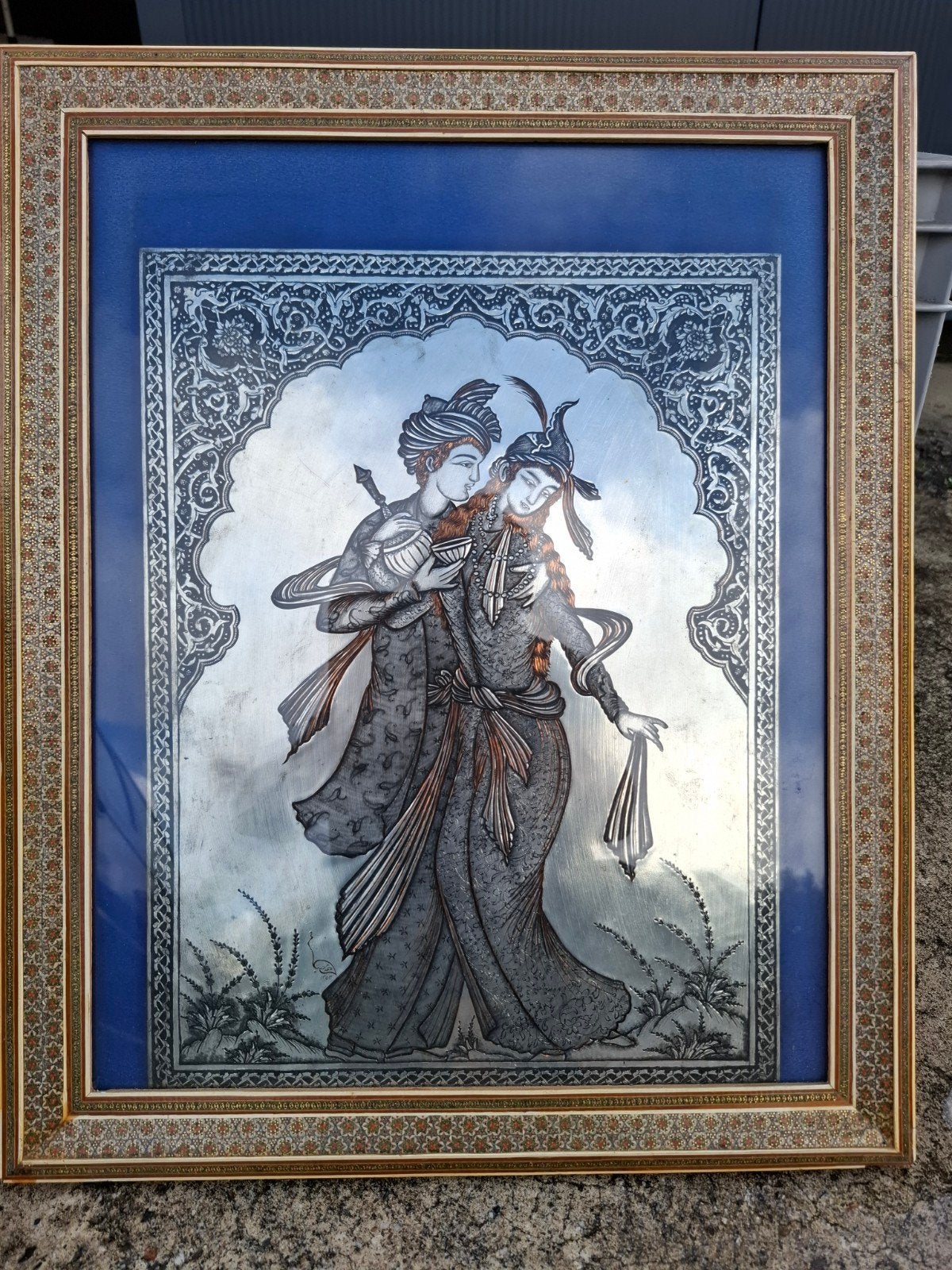 Ingelijst Perzisch kunstwerk van metaal, handgemaakt, Zilver, Wanddecoratie, Ophalen of Verzenden, Handgemaakt