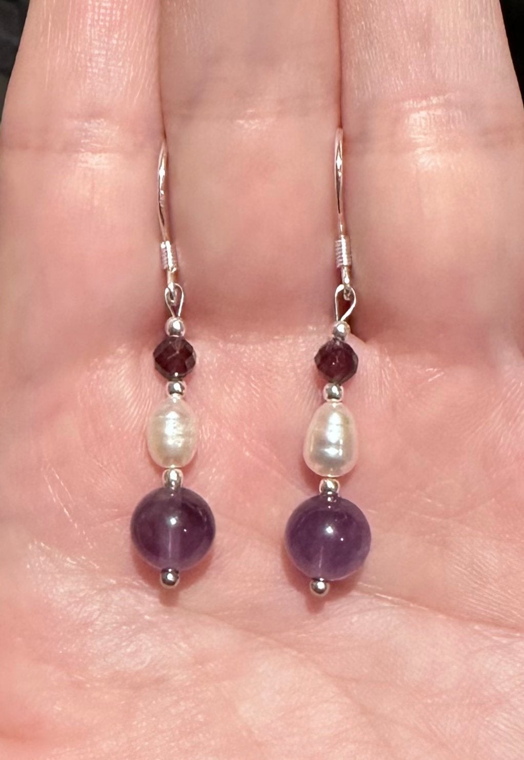 925 Zilveren Oorbellen met amethyst, parels & granaat, Hangers, Paars, Nieuw, Ophalen of Verzenden