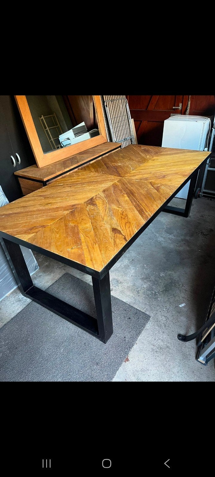 Eettafel teak hout visgraat 220x100 zwart metaa, Gebruikt, 50 tot 100 cm, 150 tot 200 cm, Vier personen
