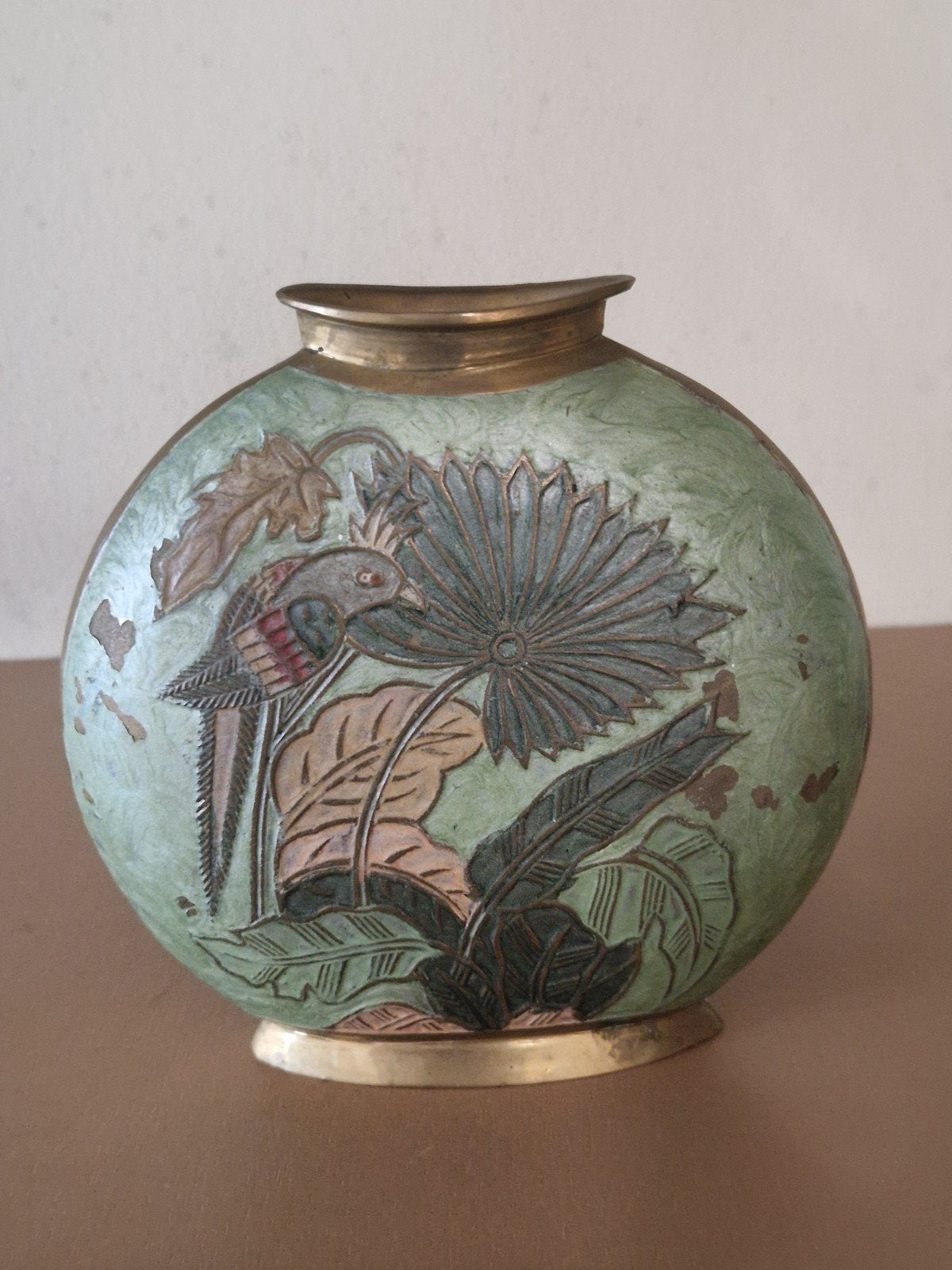 Antieke koperen kandelaar met emaille decoratie, Antiek en Kunst, Ophalen of Verzenden