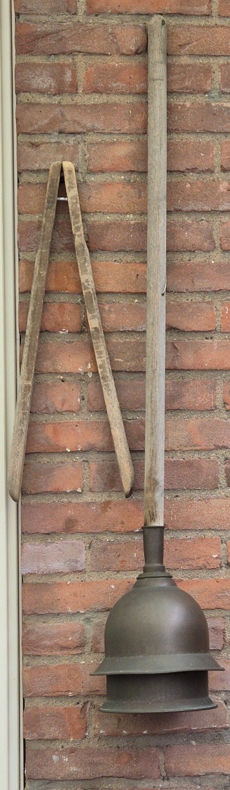 Vintage oude koperen wasstamer met vintage houten wasstang, Ophalen, Gebruikt