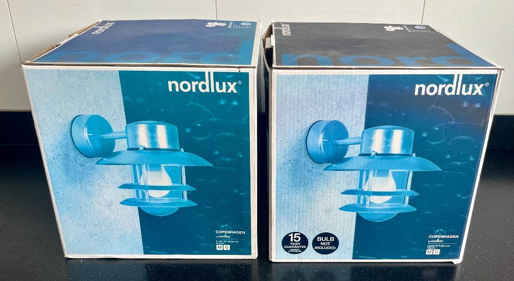 Nordlux 2 buitenlampen,  Copenhagen gegalvaniseerd (Ø22 cm.), Minder dan 50 watt, Wandlamp, Nieuw, Ophalen of Verzenden