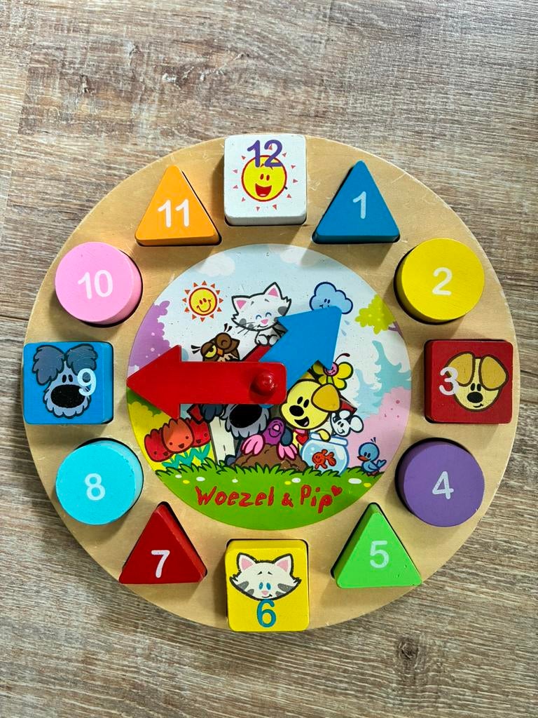 Leren klok kijken met Woezel en Pip, Gebruikt, 10 tot 50 stukjes, Ophalen of Verzenden, Van hout
